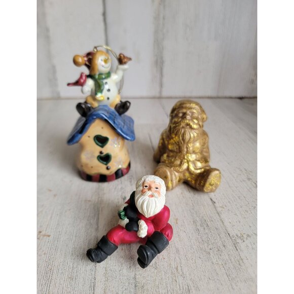 Santa claus golden figure Snowman bird house ornament Xmas set - Picture 1 of 7